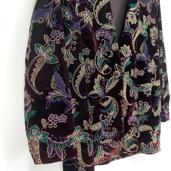 Vtg Velvet Blazer Jacket Très Paquette Byer M Black Green Gold Shoulder Pads 80s - Picture 11 of 13